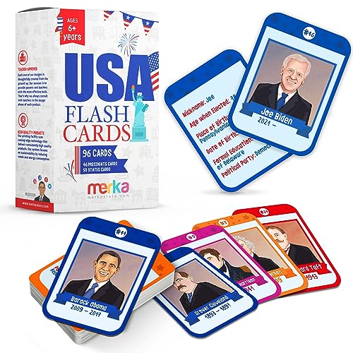 Merka Lernkarten US Presidents & State Capitals, 96 Stück, mehrfarbig, 8,9 x 6,3 cm, Lernkarten für Kinder, Heimschule und Lernspiele von merka