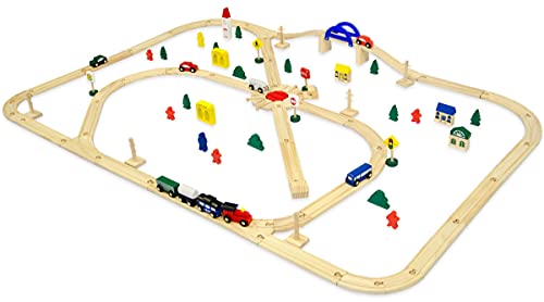 messefix 96 Teile XXL Holzeisenbahn Set - 6m Eisenbahn mit Schienen - Holz Eisenbahn Kinder Zug Spielzeug - Holzspielzeug Zug Holzzug Set - Holzeisenbahn für Kinder - Holzschienen Eisenbahn Zubehör von messefix