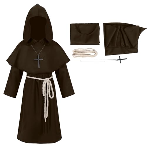 mewjoy Kinder Mittelalter Kleidung Renaissance Mönch Robe Kapuze Bruder Umhang Jungen Priester Kostüm Halloween Karneval Party Cosplay Outfit Set Braun XL mewjoy Kinder Mittelalter Kleidung Renaissance Mönch Robe Kapuze Bruder Umhang Jungen Priester Kostüm Halloween Karneval Party Cosplay Outfit Set Braun XL von mewjoy