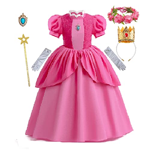 mgACC Prinzessin Pfirsichkleid Prinzessin Pfirsich Cosplay Kostüm mit Krone Kinder Rock für Halloween Party von mgACC