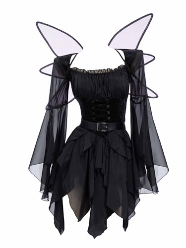 miccostumes Damen Elfe Mittelalter Kleid Magisches Mädchen Cosplay Kostüm Fee Wikinger Kleid Halloween Party (Schwarz, S) von miccostumes