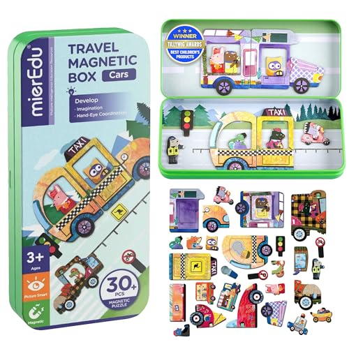 mierEdu – Magnetspiel Box – Autos I Fördert Motorik + Fantasie Ideal für Zuhause und als Reisespiel für Kinder Magnet Spielzeug ab 3 Jahre von mierEdu