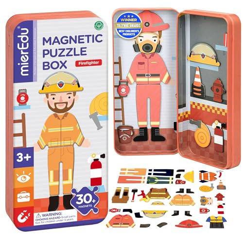 mierEdu – Magnetspiel Box Dress Up – Feuerwehrmann zum Ankleiden I Feuerwehr Sielzeug ab 3 Jahre I Fördert Motorik + Fantasie I Für Zuhause & als Reisespiel für Kinder I Magnet Spielzeug Kinder von mierEdu