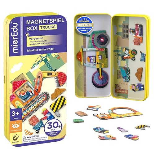 mierEdu Magnetspiel Box Trucks – Magnetische Bausteine & Magnetspiel für Kinder ab 3 Jahre, Lernspiel & Reisespiel – Fördert Motorik & Kreativität, Spielzeug für unterwegs von mierEdu