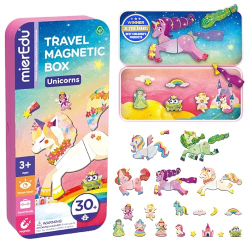 mierEdu Magnetspielbox Kinder Einhorn ab 3 Jahre – Magnetbuch mit 36 Teilen & 2 Szenen – Magnetspiel für Mädchen & Jungen – Ideales Reisespiel für Auto, Flugzeug & Bahn – Geschenk für Kinder von mierEdu