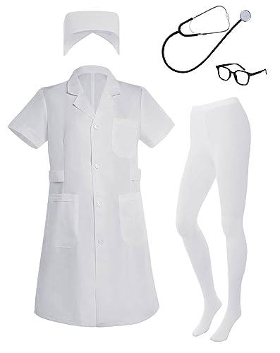5-teiliges Krankenschwester-Kostüm für Damen, weißer Laborkittel, Arzt-Kostüm, Halloween, Krankenschwester-Kleid, Outfit mit kurzen Ärmeln, weißer Laborkittel, Krankenschwesterhut, 5-teiliges Krankenschwester-Kostüm für Damen, weißer Laborkittel, Arzt-Kostüm, Halloween, Krankenschwester-Kleid, Outfit mit kurzen Ärmeln, weißer Laborkittel, Krankenschwesterhut, von mifengda