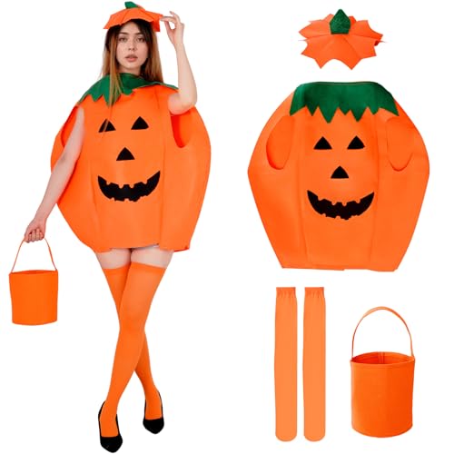 mifengda Halloween-Kürbis-Kostüm für Damen, Erwachsene, Kürbis-Kostüm, Mädchen, niedliche Obstkostüme mit Kleid, Hut, Tasche und Socke, für Halloween, Cosplay, Kostümparty, 4 Stück mifengda Halloween-Kürbis-Kostüm für Damen, Erwachsene, Kürbis-Kostüm, Mädchen, niedliche Obstkostüme mit Kleid, Hut, Tasche und Socke, für Halloween, Cosplay, Kostümparty, 4 Stück von mifengda
