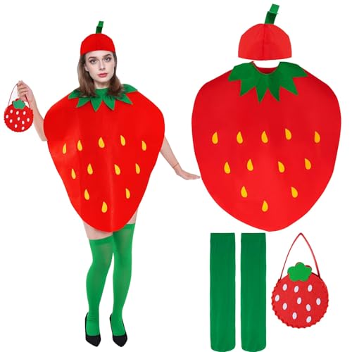mifengdaer 4 Stück Halloween-Erdbeer-Kostüm für Damen, Erwachsene, Erdbeer-Kostüm, Mädchen, niedliche Obstkostüme mit Kleid, Hut, Tasche und Socke für Halloween, Cosplay, Verkleidungsparty mifengdaer 4 Stück Halloween-Erdbeer-Kostüm für Damen, Erwachsene, Erdbeer-Kostüm, Mädchen, niedliche Obstkostüme mit Kleid, Hut, Tasche und Socke für Halloween, Cosplay, Verkleidungsparty von mifengdaer