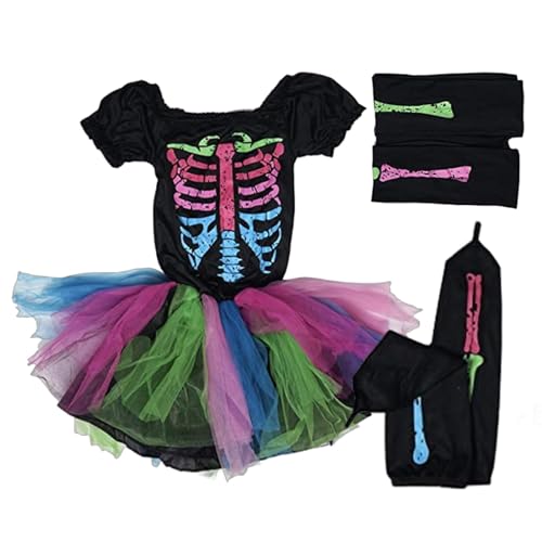 mimika Halloween-Kostüme für Teenager-Mädchen,Halloween-Kostüme für Mädchen,Regenbogen-Skelett-Kostüm - Skelettkleid für Mädchen, Kinderkostüm für Party, Halloween, Maskerade von mimika