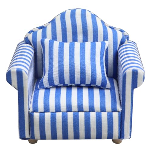 mimika Miniatur-Puppenhaus-Couch-Sofa, Puppenhaus-Couch mit Kissen - -Puppenhausmöbel im Maßstab 1:12, Couch und Stuhl | Rot-weiß gestreifter Miniatur-Sofa-Sessel aus Holzstoff, von mimika