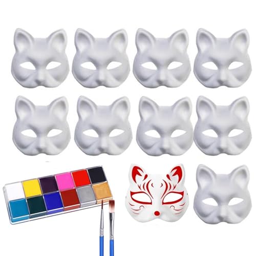 10 Stück DIY Maske Handgemalte Maske Karneval Maske DIY Maskenball Party Maske Weiße Katzenmaske Unbemalt Katze Masken Cosplay Masken Kostüm Maske Leere Maske für Halloween mit Malpigmen von mingchengheng