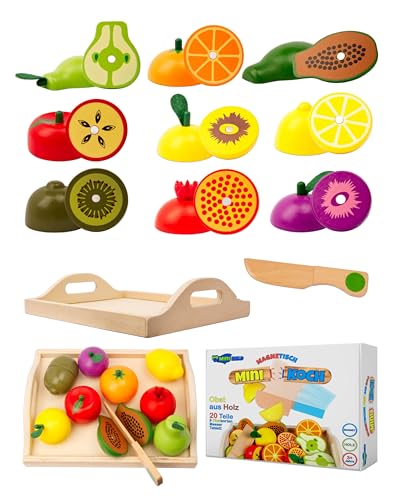 miniHeld Kinderküche Zubehör aus Holz Obst zum Schneiden 20 Teile Mini Koch Holzspielzeug Küchenspielzeug Lebensmittel Holz Montessori Motorikspielzeug Magnetspielzeug Spielzeug ab 3 Jahre von miniHeld