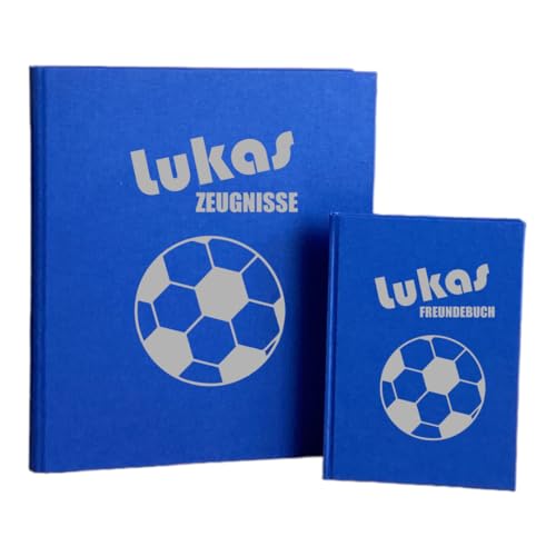 minimutz Set Freundebuch Zeugnismappe - Personalisiert mit Name - Freundschaftsbuch Erinnerungsordner Junge Mädchen - Poesiealbum und Ringbuchordner Schule - Fußball (Navy) von minimutz