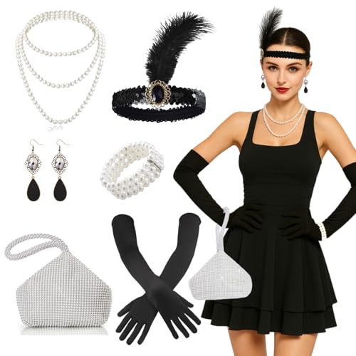 20er Jahre Accessoires Damen 20er Jahre Charleston Kostüm Perfekte für 20er Jahre Kostüm Damen, Karneval, Halloween 1920er Accessories (Schwarz-6PCS) von minkasic