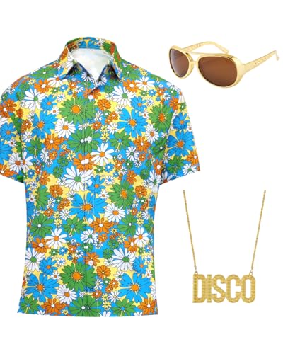 70er Jahre Disco Kostüm Set Hippie Herren Outfit mit Oberteile Brillen Falsche Bärte Halsketten Perücken 80s Fasching Bekeidung für 50s 60s 70s Cosplay Halloween Party (Grün, M) von minkasic