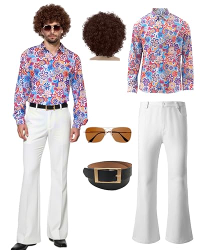 70er Jahre Disco Kostüm Set Hippie Herren Outfit mit Schlaghose Hemd 80s Fasching Bekeidung für 50s 60s 70s Cosplay Halloween Party (Blau, L) von minkasic