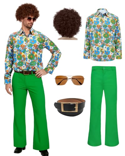 70er Jahre Disco Kostüm Set Hippie Herren Outfit mit Schlaghose Hemd 80s Fasching Bekeidung für 50s 60s 70s Cosplay Halloween Party (Grün, L) von minkasic