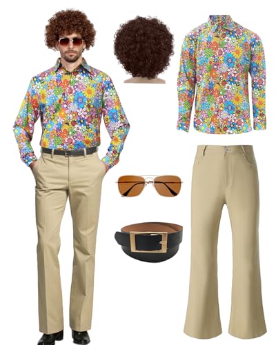 70er Jahre Disco Kostüm Set Hippie Herren Outfit mit Schlaghose Hemd 80s Fasching Bekeidung für 50s 60s 70s Cosplay Halloween Party (Khaki, L) von minkasic