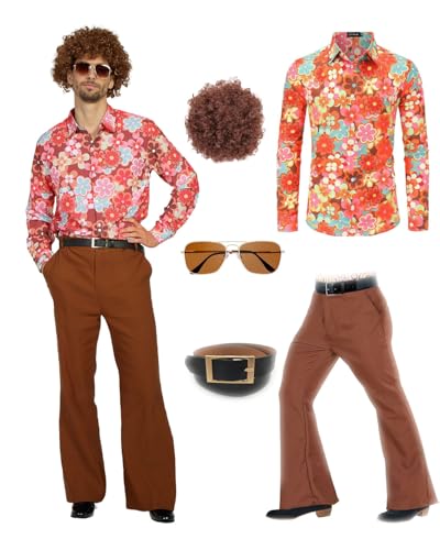 70er Jahre Disco Kostüm Set Hippie Herren Outfit mit Schlaghose Hemd 80s Fasching Bekeidung für 50s 60s 70s Cosplay Halloween Party (Orange, S) von minkasic