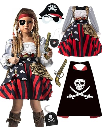 Piratenkostüm Mädchen Piraten Kostüm Kinder mit Piratenrock Augenklappe Piratengürtel Piratenpistole Piratenumhang Piratenmask Piratenhaken Karneval Party Kostüm Kinder (150cm) von minkasic
