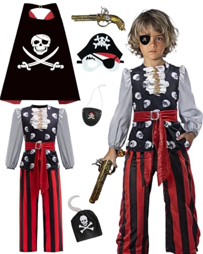 Piratenkostüm Kinder Piraten Kostüm mit Bluse Hose Augenklappe Piratenpistole Piratenumhang Piratenmask Piratenhaken Karneval Party Kostüm Kinder (130cm) von minkasic