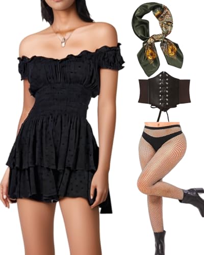 minkasic 4PCS Mittelalter Piratenkostüm Damen mit Mittelalter Kleid Piraten Korsett Kopftuch Netzstrümpfe Faschingskostüm für Halloween Karneval Cosplay (Schwarz, XXL) von minkasic