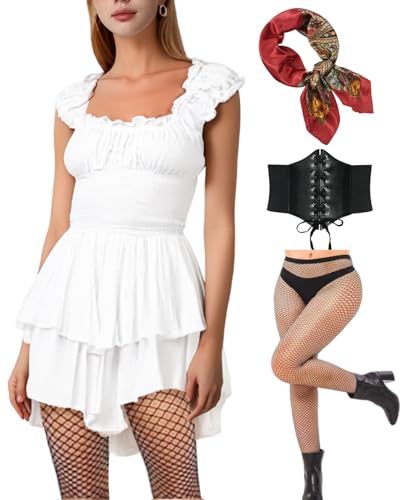 minkasic 4PCS Mittelalter Piratenkostüm Damen mit Mittelalter Kleid Piraten Korsett Kopftuch Netzstrümpfe Faschingskostüm für Halloween Karneval Cosplay (Weiß, M) von minkasic