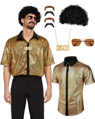 minkasic 70er Jahre Disco Kostüm Set Hippie Herren Outfit 80er Jahre Cosplay Halloween Party (Gold, M) von minkasic