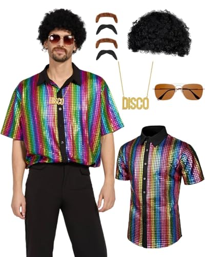 minkasic 70er Jahre Disco Kostüm Set Hippie Herren Outfit 80er Jahre Cosplay Halloween Party (Mehrfarbig, L) von minkasic