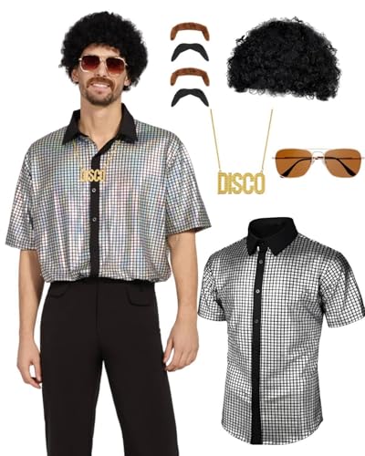 minkasic 70er Jahre Disco Kostüm Set Hippie Herren Outfit 80er Jahre Cosplay Halloween Party (Silberfarben, L) von minkasic