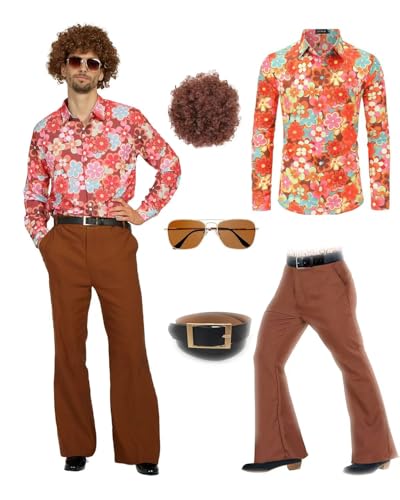 minkasic 70er Jahre Disco Kostüm Set Hippie Herren Outfit mit ausgestellter Hose Hemd für 50er 60er 70er Jahre Cosplay Halloween Party (Orange, XXL) von minkasic