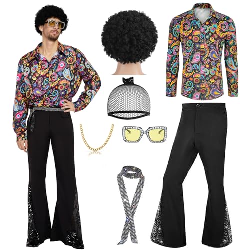 minkasic 70er Jahre Disco Kostüm Set Hippie Herren Outfit mit ausgestellter Hose Hemd für 50er 60er 70er Jahre Cosplay Halloween Party (Schwarz, XXL) von minkasic