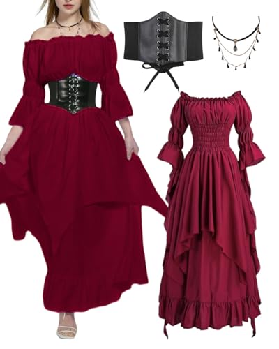 minkasic Mittelalter Piraten Kostüm Damen mit Mittelalterkleid Piraten Korsett Halsketten (Rot, 2XL/3XL) von minkasic