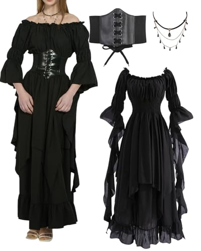 minkasic Mittelalter Piraten Kostüm Damen mit Mittelalterkleid Piraten Korsett Halsketten (Schwarz, 2XL/3XL) von minkasic
