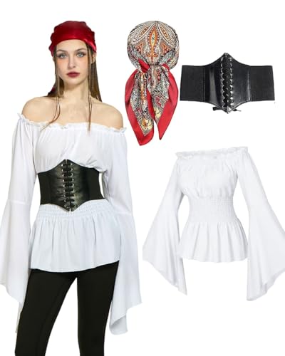 minkasic Mittelalter Piratenkostüm Damen 3CPS Piraten Kleidung mit Mittelalter Bluse Piraten Korsett Kopftuch Netzstrümpfe Faschingskostüm für Halloween Karneval Cosplay (Weiß, S) von minkasic