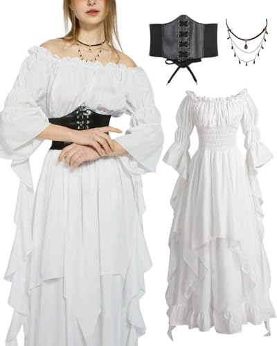 minkasic Mittelalterliches Piratenkostüm Damen mit mittelalterlichem Kleid Piraten Korsett Halsketten (Weiß, 2XL/3XL) von minkasic