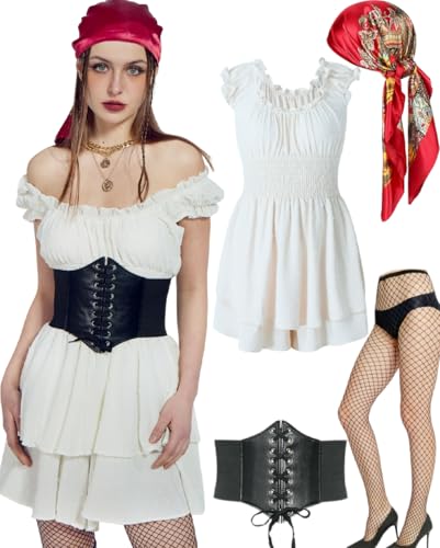 minkasic Mittelalterliches Piratenkostüm für Damen mit mittelalterlichem Kleid, Piratenkorsett, Kopftuch, Netzstrümpfe, Schwarz (Weiß, L) von minkasic