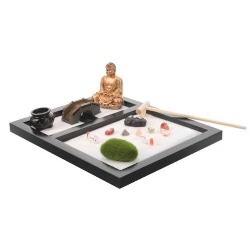 minkissy 1 Schachtel Zen Garten mit Buddha Statue Dekorative Holz Sandbox für Schreibtisch für Meditation und Raumgestaltung Entspannungsdeko für Zuhause von minkissy