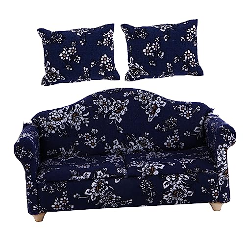 minkissy 2 Stück Miniatur Sofa mit Kissen für Puppenhaus Blaues Blumenmuster DIY Deko für Kinderzimmer Restaurant Elegantes Möbelstück für Fantasievolles von minkissy