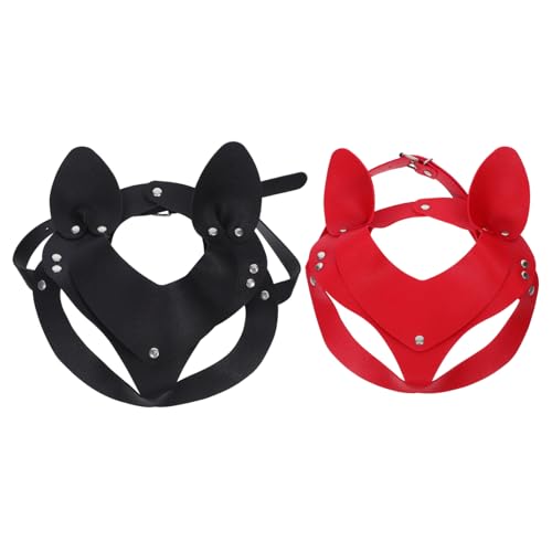 minkissy 2 Stück Punk PU Katzenohren Halbgesichtsmaske Leichte Langlebige Cosplay für Damen Schwarze und Rote für Halloween Karneval Maskenball von minkissy