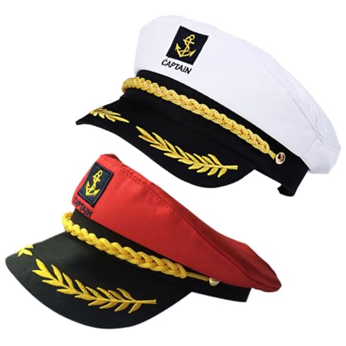 minkissy 2 Stück Teiliges Captain Hats für Boote Bestickte Matrosenmützen in Rot und Weiß Langlebige Kostüm Accessoires für Bootsfahrten und Party Cosplay Komfortabel und Vielseitig von minkissy