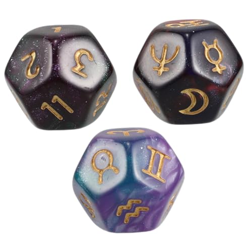 minkissy 3 Stück Seitiges Astrologisches Würfelset mit Dualem Farbdesign Wahrsagung und Rollenspiele mit Tierkreiszeichen Planeten und Zahlen für Tarot Tabletop Spiele von minkissy