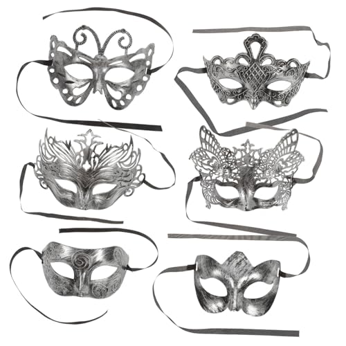 minkissy 6 Stück Teiliges Vintage Masken für Halloween und Maskenball Halbgesichtsmasken mit Design Silberfarbene Kostüm Accessoires für Herren und Damen für Karneval und Cosplay von minkissy
