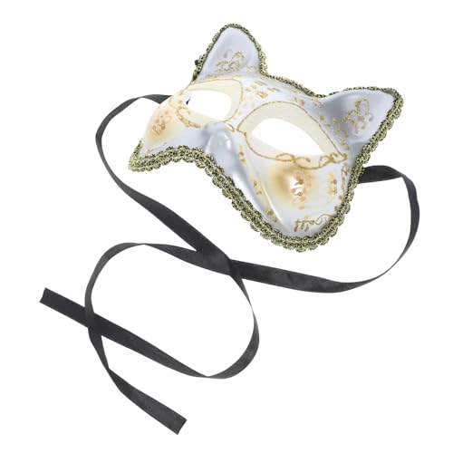minkissy Cat Head Mask Weiß Halloween Cosplay Halbgesichts Maske mit Katzenohren Party Masquerade Kostüm für Geburtstag Karneval Bühnenauftritt Atmungsaktiv und Realistisch Gestaltet von minkissy