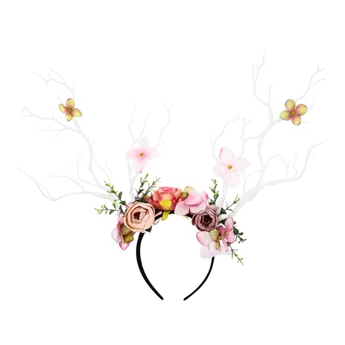 minkissy Elastisches Rentiergeweih Haarreif mit Blütenzweigen Leichter Cosplay Kopfschmuck für Erwachsene Festliches Accessoire für Weihnachten Karneval und Kostümpartys von minkissy