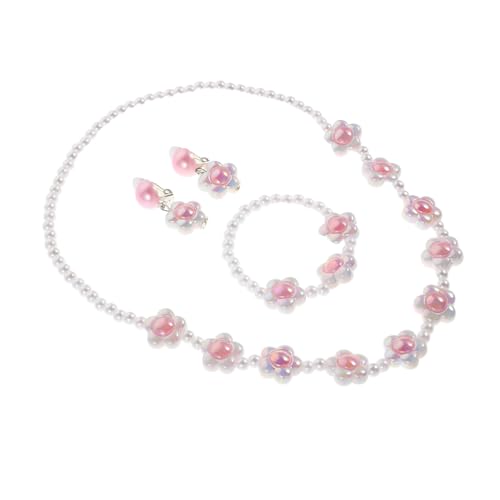 minkissy Elegantes Mädchen Schmuckset mit Perlen und Blumen Halskette Armband Ohrringe Set Langlebig Verblassungsresistent Vielseitig Kombinierbar für Alltag Geburtstage Festlichkeiten von minkissy