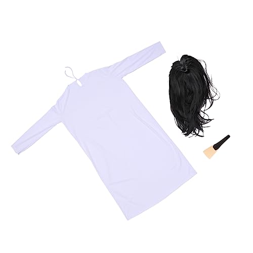 minkissy Gruseliges Ghost Dress Halloween Kostüm Damen Scary Suit mit Weißem Kleid Schwarzer Perücke und Fingernägeln für Karneval Cosplay Party und Horror Events von minkissy