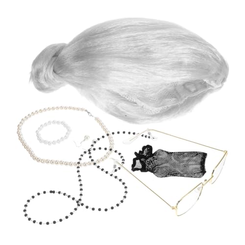 minkissy Halloween Kostüm für Damen und Old Lady Perücke Brille Halskette Robustes Wiederverwendbares Senioren Verkleidungs für Rollenspiele Comedy und Cosplay Partys von minkissy