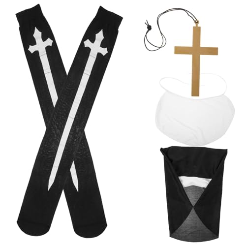 minkissy Halloween Nonnen Kostüm Damen Teiliges Cosplay mit Nonnenhaube Kragen und Damen Kreuz Anhänger Halskette Schwarze Over Knee Socken Langlebiges Polyester Baumwoll Material für von minkissy