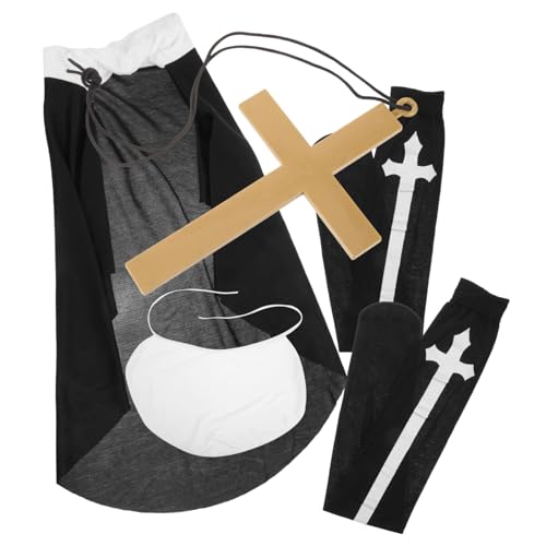 minkissy Halloween Nonnen Kostüm Set Damen Schwarzer Polyester Baumwoll Kopfschleier und Kragen mit Kreuzanhänger Overknee Socken Cosplay Outfit für Party Karneval Bühnenauftritt von minkissy